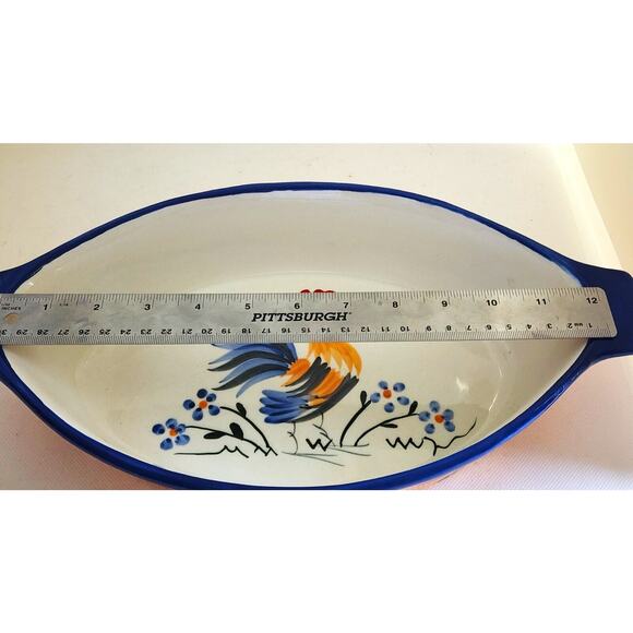 Casserole/Serving/Baking Dish-Rooster-White-Navy Blue-Hand Painted-12" Long - Picture 10 of 12